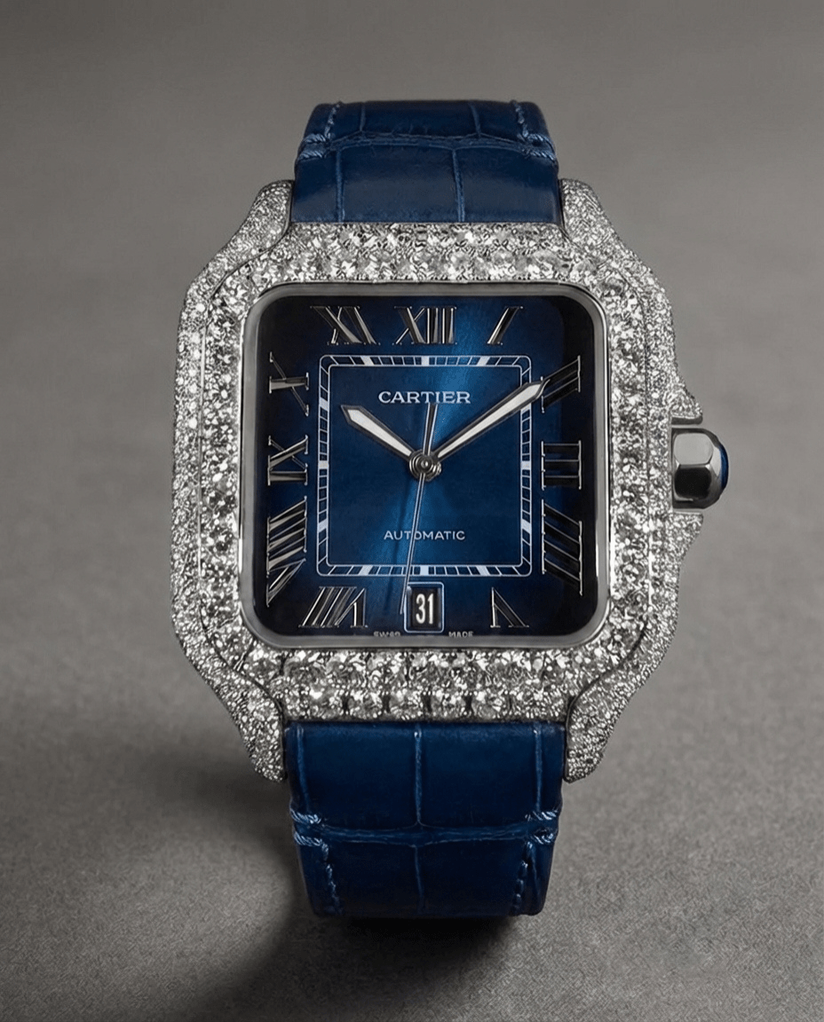 proGalnuv duct_name - Galnuv Made to Order (7 - 10 Days)Cartier Santos Large - Steel - Custom Diamond - Set with Royal Blue Alligator Bracelet Galnuv