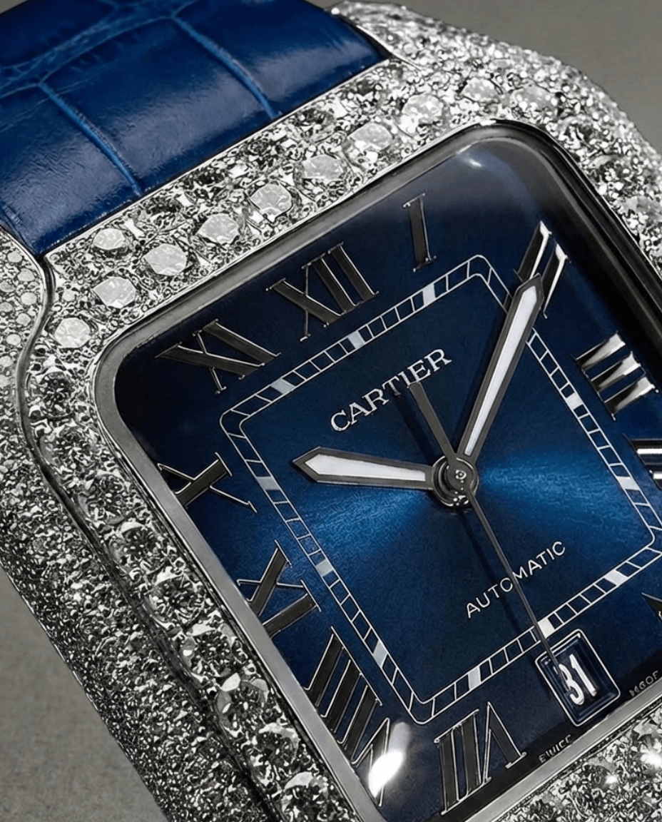proGalnuv duct_name - Galnuv Made to Order (7 - 10 Days)Cartier Santos Large - Steel - Custom Diamond - Set with Royal Blue Alligator Bracelet Galnuv