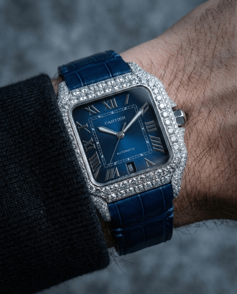 proGalnuv duct_name - Galnuv Made to Order (7 - 10 Days)Cartier Santos Large - Steel - Custom Diamond - Set with Royal Blue Alligator Bracelet Galnuv